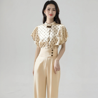 搭配一整套2025夏季新气质荷叶边衬衫休闲西装裤两件套D1364