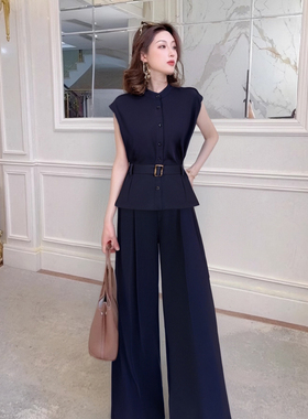 2026新款时尚轻奢清爽慵懒风短袖衬衫+高腰休闲阔腿裤套装D1671A