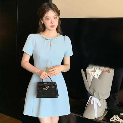miu系重工钻领显瘦裙子2026夏新款法式修身洋气连衣裙D1455