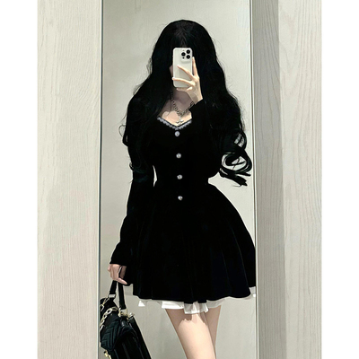 富家千金感收腰连衣裙2025秋冬法式气质蓬蓬小黑裙QY0247