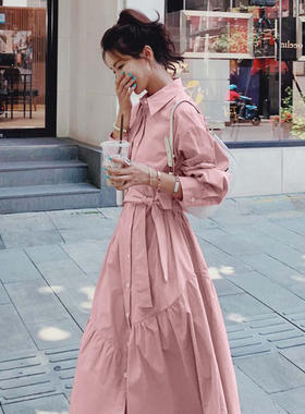 送腰带粉色长袖连衣裙女春秋2026新款法式收腰茶歇a字裙D3313