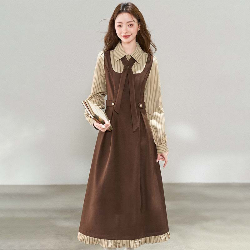 爆款法式复古条纹连衣裙2025秋冬季新款学院风长裙高级感D4612,女装/女士精品,连衣裙,淘宝优惠券,粉丝福利购,淘宝优惠卷