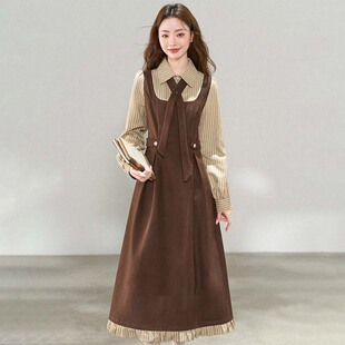 爆款法式复古条纹连衣裙2025秋冬季新款学院风长裙高级感D4612