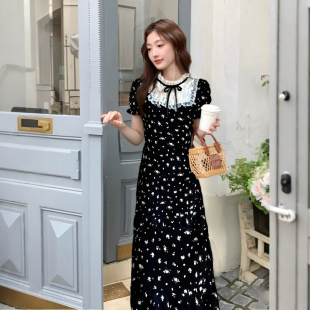 有内衬法式茶歇拼接黑色碎花连衣裙收腰a字小黑裙少女短裙D1326A