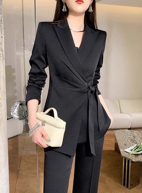 2025春秋法式正装系带纯色女神范名媛套装轻职风两件套D3878