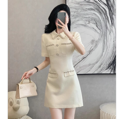 【有里布】设计感连衣裙女高级感小个子时尚白色小香风裙子D1640