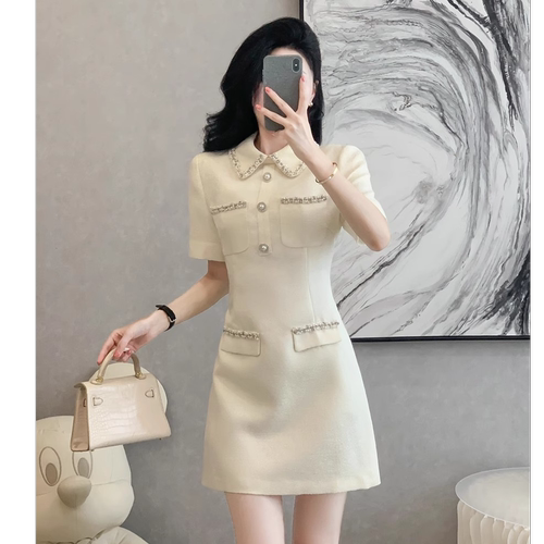 【有里布】设计感连衣裙女高级感小个子时尚白色小香风裙子D1640