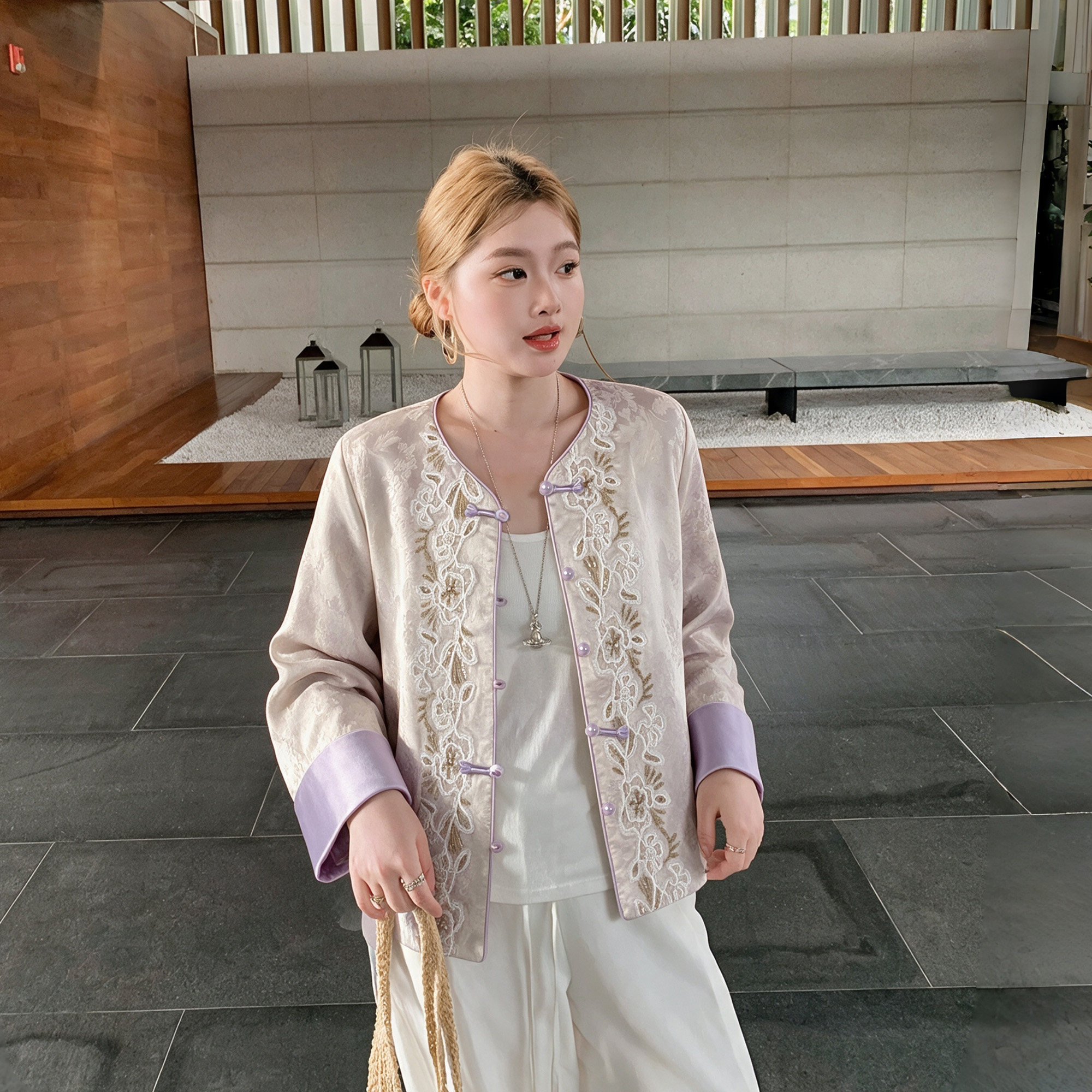 新中式国风刺绣汉服短外套女秋季2026新款圆领盘扣紫色上衣G0169