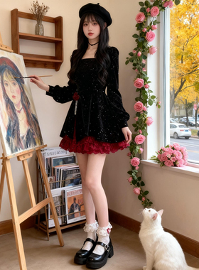 有里布2025秋冬新款玫瑰丝绒战袍连衣裙显瘦长袖裙子女LJ0134