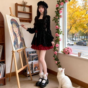 有里布2025秋冬新款 裙子女LJ0134 玫瑰丝绒战袍连衣裙显瘦长袖