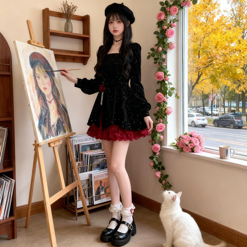 有里布2026秋冬新款玫瑰丝绒战袍连衣裙显瘦长袖裙子女LJ0134