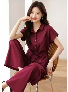 2025夏季新款气质高级感减龄收腰显瘦衬衫阔腿裤两件套D2396