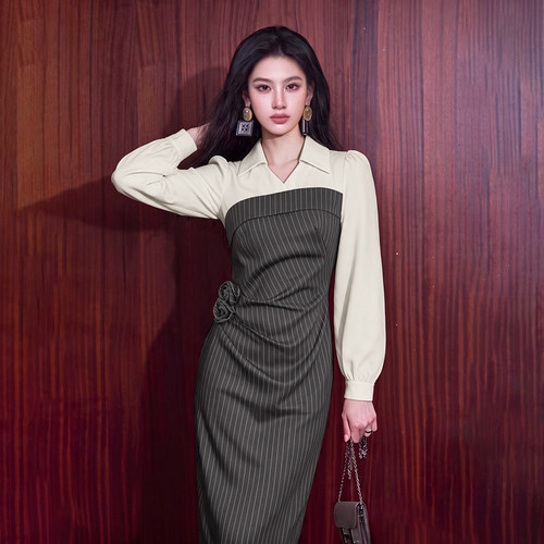 法式优雅气质女2026春秋长裙假两件设计感高端显瘦连衣裙D10133