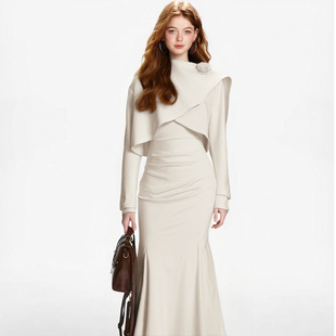 连衣裙套装 千金不规则披肩长款 两件套D4141 法式 2025秋冬新款