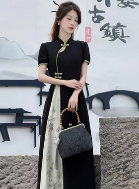 2026黑色高级时尚短袖长裙夏季设计款新中式气质国风连衣裙1126