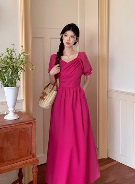 法式方领系带收腰连衣裙女夏a字蝴蝶结泡泡袖气质显瘦长裙D1396A