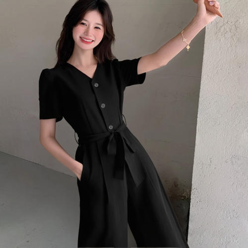送腰带2026春季新款法式泡泡袖西装连体裤女气质工装连衣裤D2433