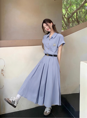 【送腰带】文艺气质蓝色连衣裙女2025新款夏装显瘦裙子D1390A