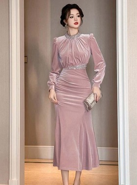 时尚显瘦晚礼服法式亮片拼接收腰鱼尾连衣裙QY0194