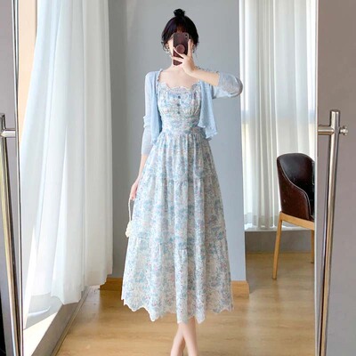 两件套2026夏季新款法式收腰显瘦碎花吊带裙开衫连衣裙套装D4937