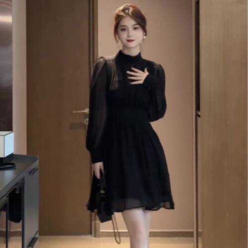 【有内衬】2026新款黑色连衣裙赫本风长袖气质高级感裙子女装6672