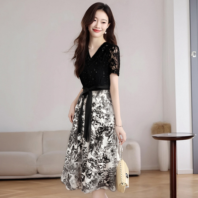 2025春季明星同款新款亮片蕾丝拼接高级感宴会礼服连衣裙女D0992B