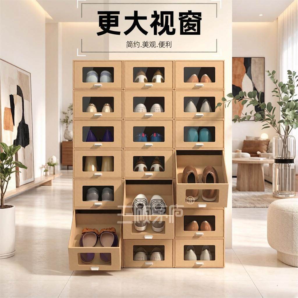 大视窗款加硬抽屉式鞋盒加厚纸质盒透明省空间加高防尘鞋子收纳盒