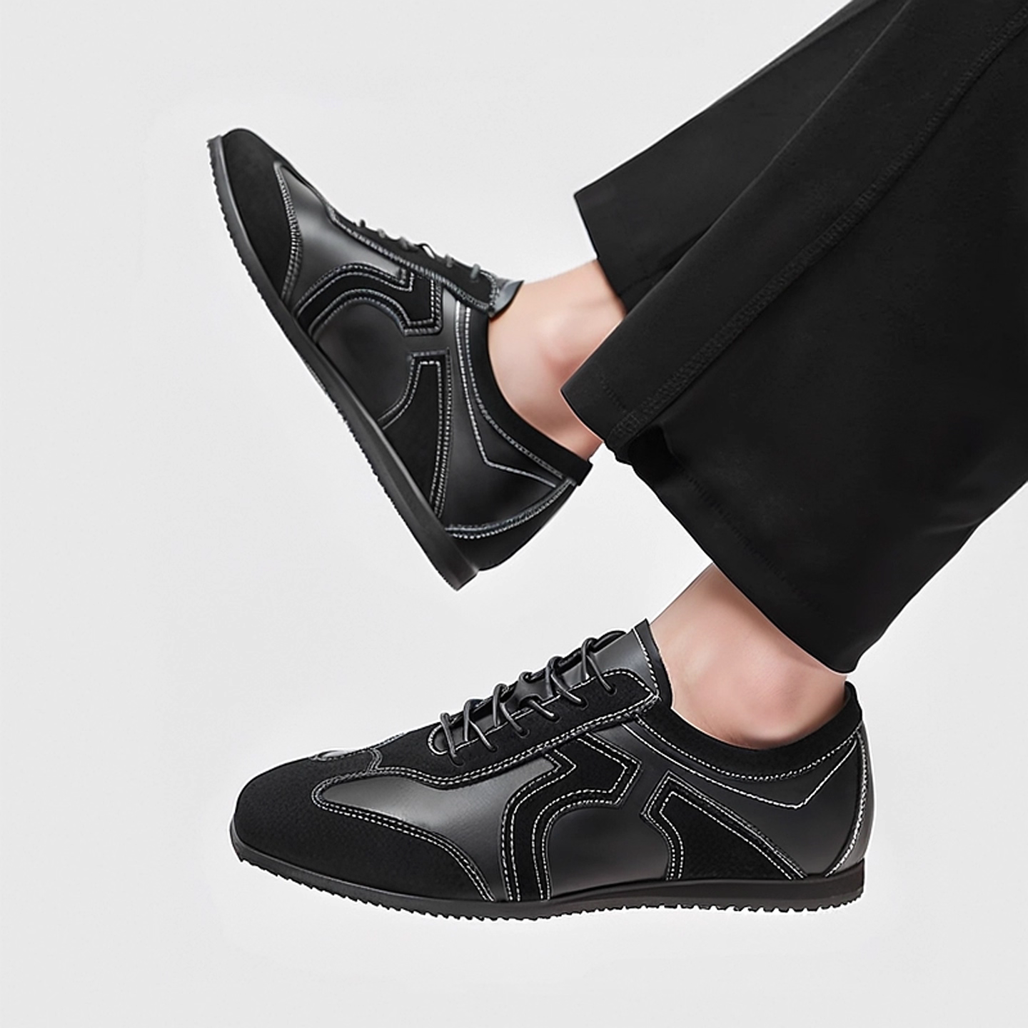 真皮德训鞋男黑色系带休闲运动鞋