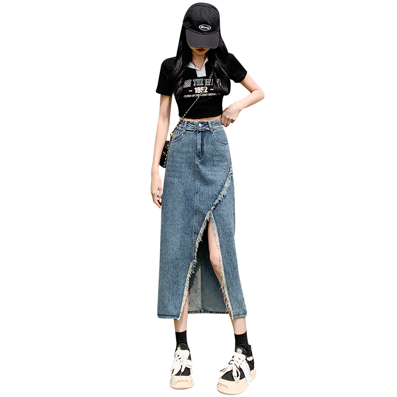 复古开叉牛仔半身裙女2025新款夏季高腰a字半裙宽松中长款包臀裙