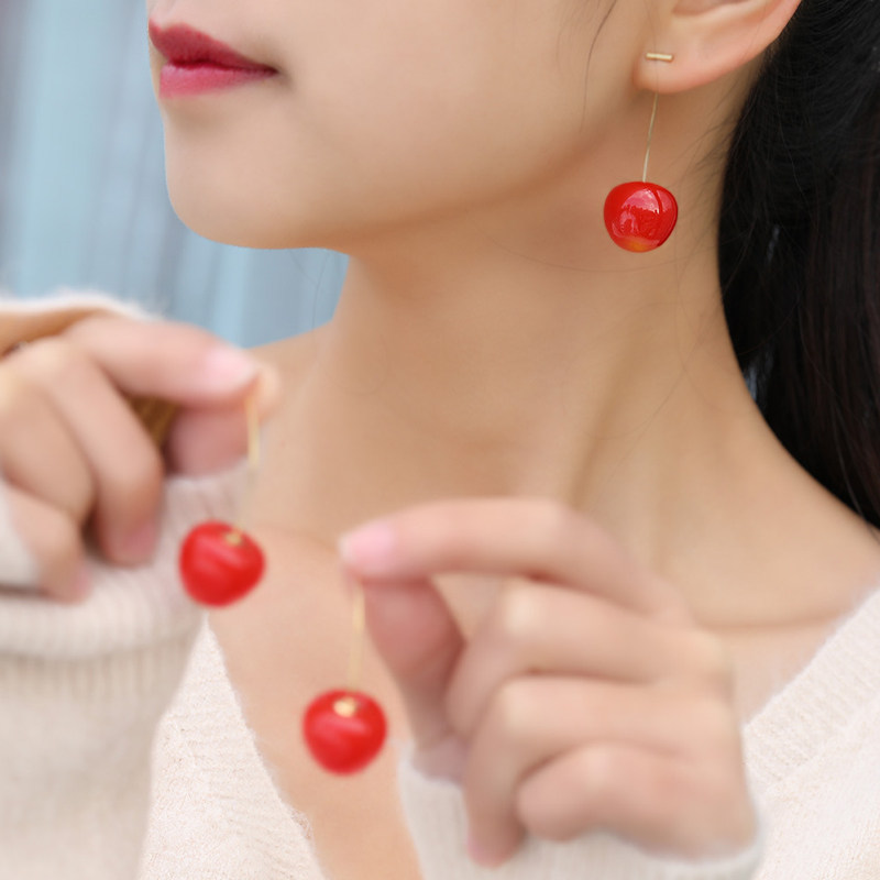 红色可爱樱桃车厘子耳环女网红耳饰品2020新款潮爆款气质长款耳坠
