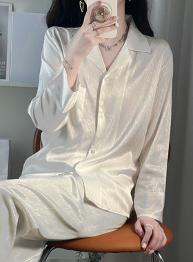 顺丰包邮夏季衬衫睡衣女春秋白色长袖长裤家居服丝绸冰丝套装大码