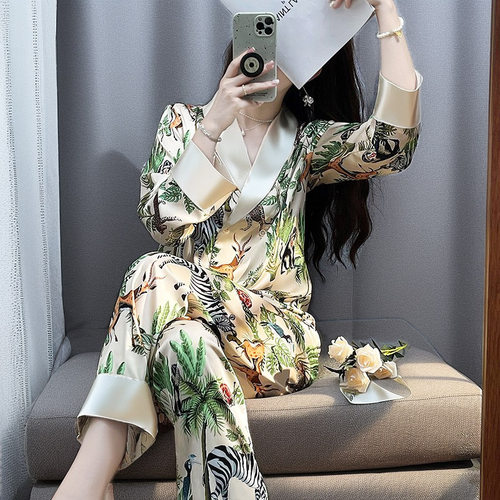 轻奢风丝绸睡衣女士长袖春秋夏季套装家居服印花动物新款冰丝薄款
