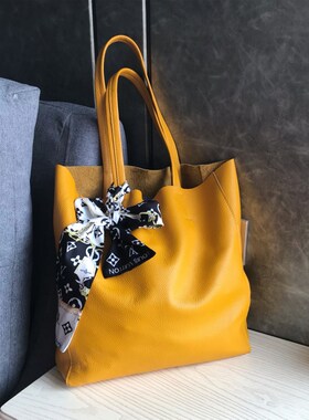 欧美杂志款慵懒风真皮单肩托特包头层牛皮黄色简约潮搭软皮大包包