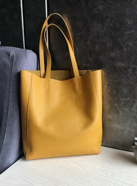 欧美风头层牛皮托特包手提单肩真皮女士包黄色简约百搭软皮大包包
