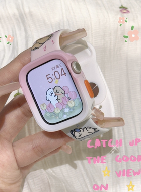 适用于苹果11手表iwatch10表带可8爱拼色小狗粉蓝色applewatch9女