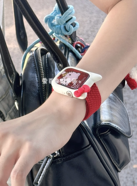 中国红色kt猫适用applewatchs10苹果手表iwatch11尼龙编织s8表带9