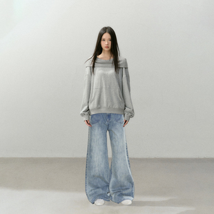 FPMZ一字肩连帽卫衣 阔腿牛仔裤