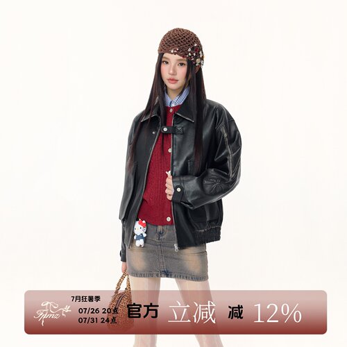 FPMZ蝴蝶结绣花复古擦色皮衣翻领宽松显瘦机车甜酷夹克外套长袖