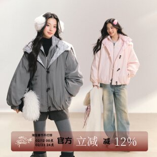 FPMZ【雪絮漫庭】假两件格子领牛角扣棉服外套90白鸭绒羽绒服冬女