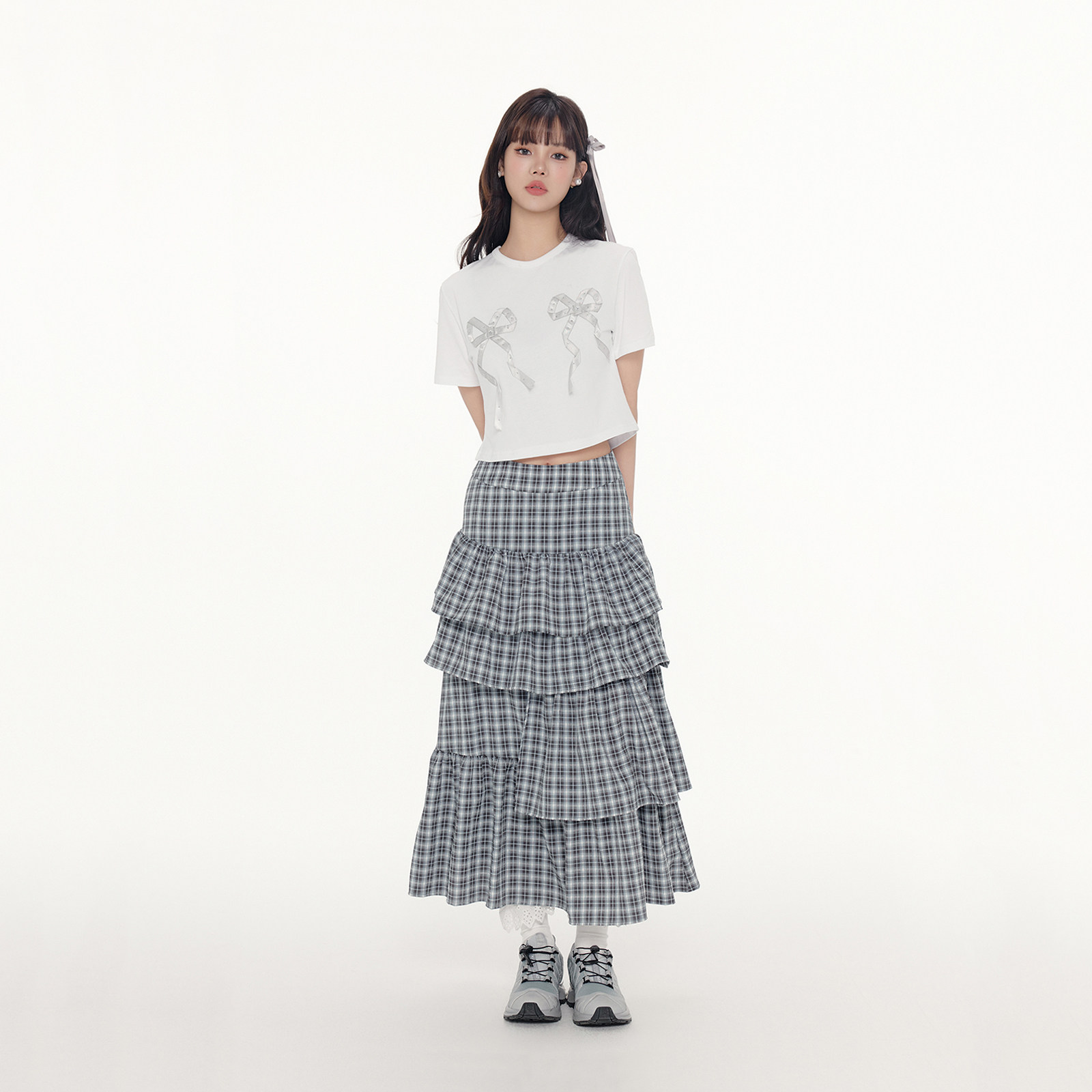 FPMZ 高级复古灰蓝色格子蓬蓬蛋糕半身裙长裙女