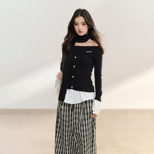 FPMZ一字肩翻边衬衫拼接假两件排扣针织衫秋冬基础打底衫露肩毛衣