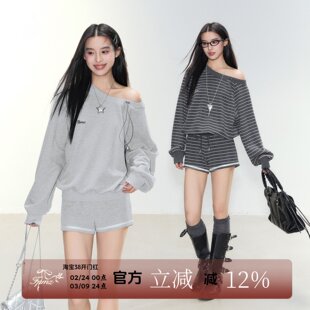 FPMZ【星河入梦】条纹灰色斜肩卫衣短裤套装露思简约韩系抽绳上衣
