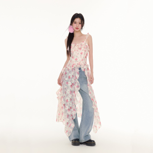 FPMZ 荷叶边吊带碎花不规则花边透视仙女长裙高开叉连衣裙吊带裙