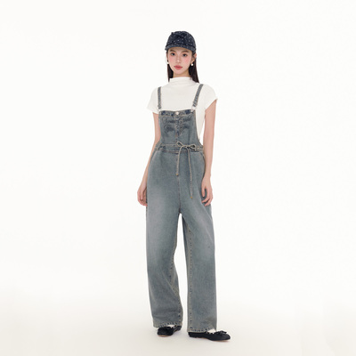 背带裤长裤印花穿绳绑带蝴蝶结