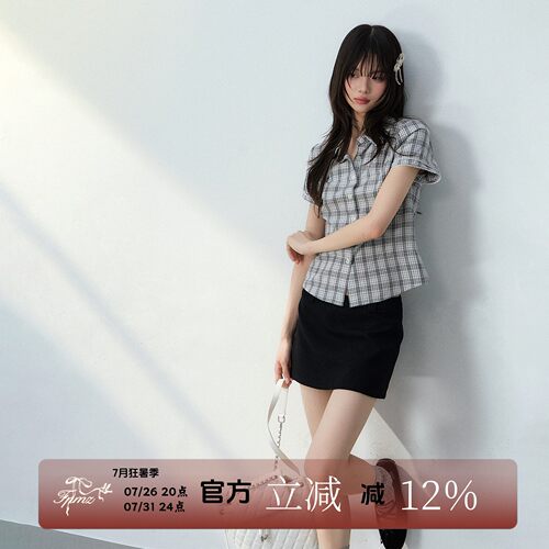 FPMZ夏季灰格双层袖修身衬衫