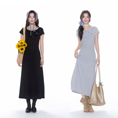 FPMZ假两件吊带撞色圆领短袖连衣裙叠穿夏季收腰气质显瘦纯色长裙