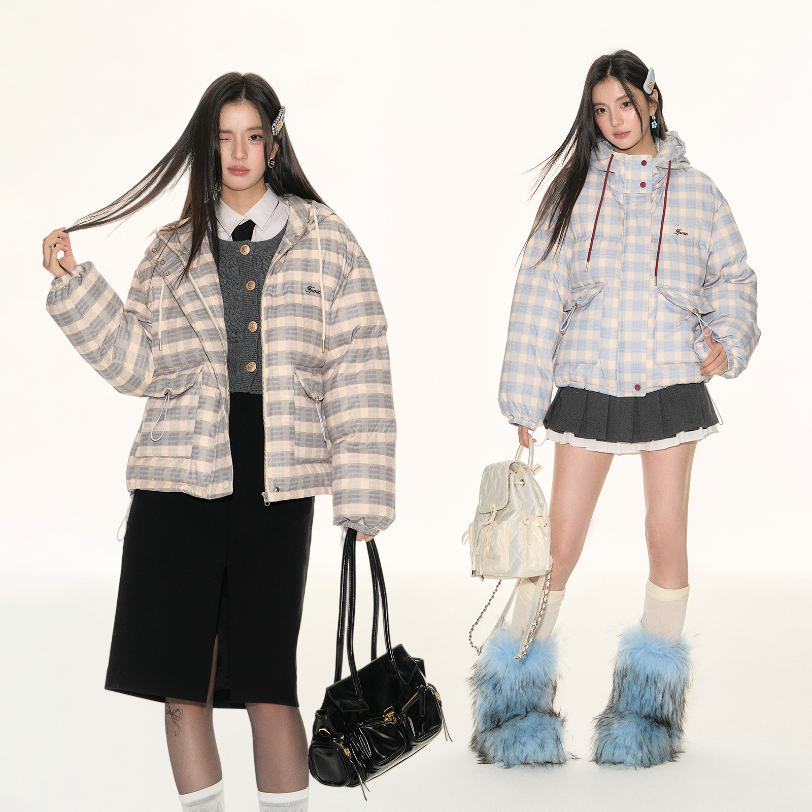 FPMZ格子印花连帽大口袋抽绳90白鸭绒羽绒服撞色扣棉服面包服外套