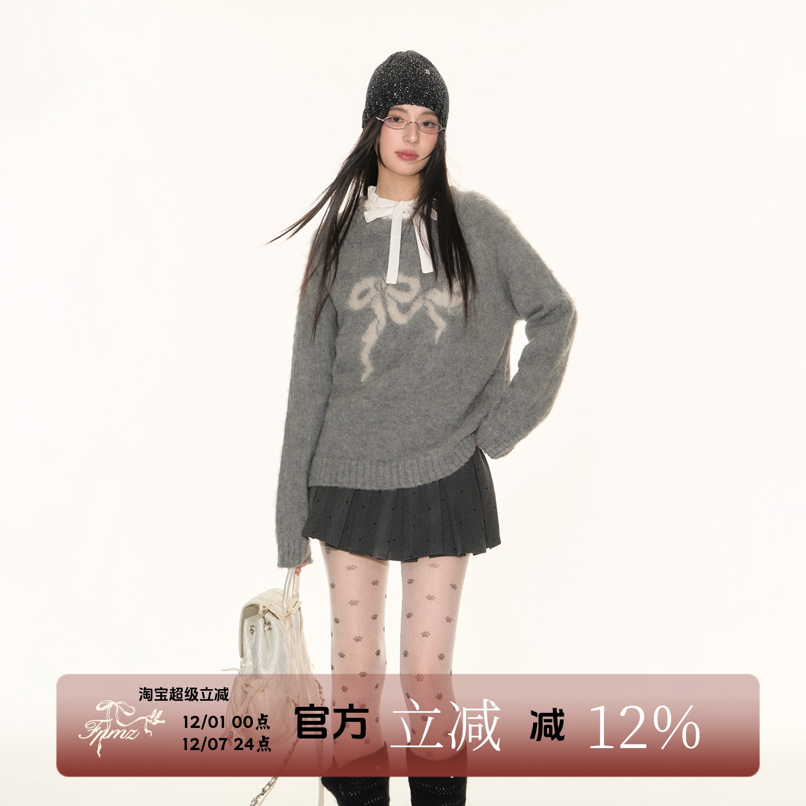 FPMZ蝴蝶结飞鸟圆领拉毛毛衣学院风韩系内搭针织衫套头宽松上衣