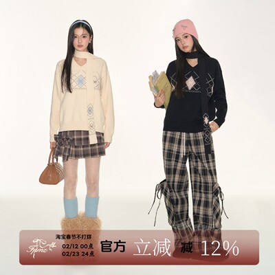 FPMZ学院风v领菱格蝴蝶结刺绣套头毛衣宽松显瘦针织衫上衣围巾