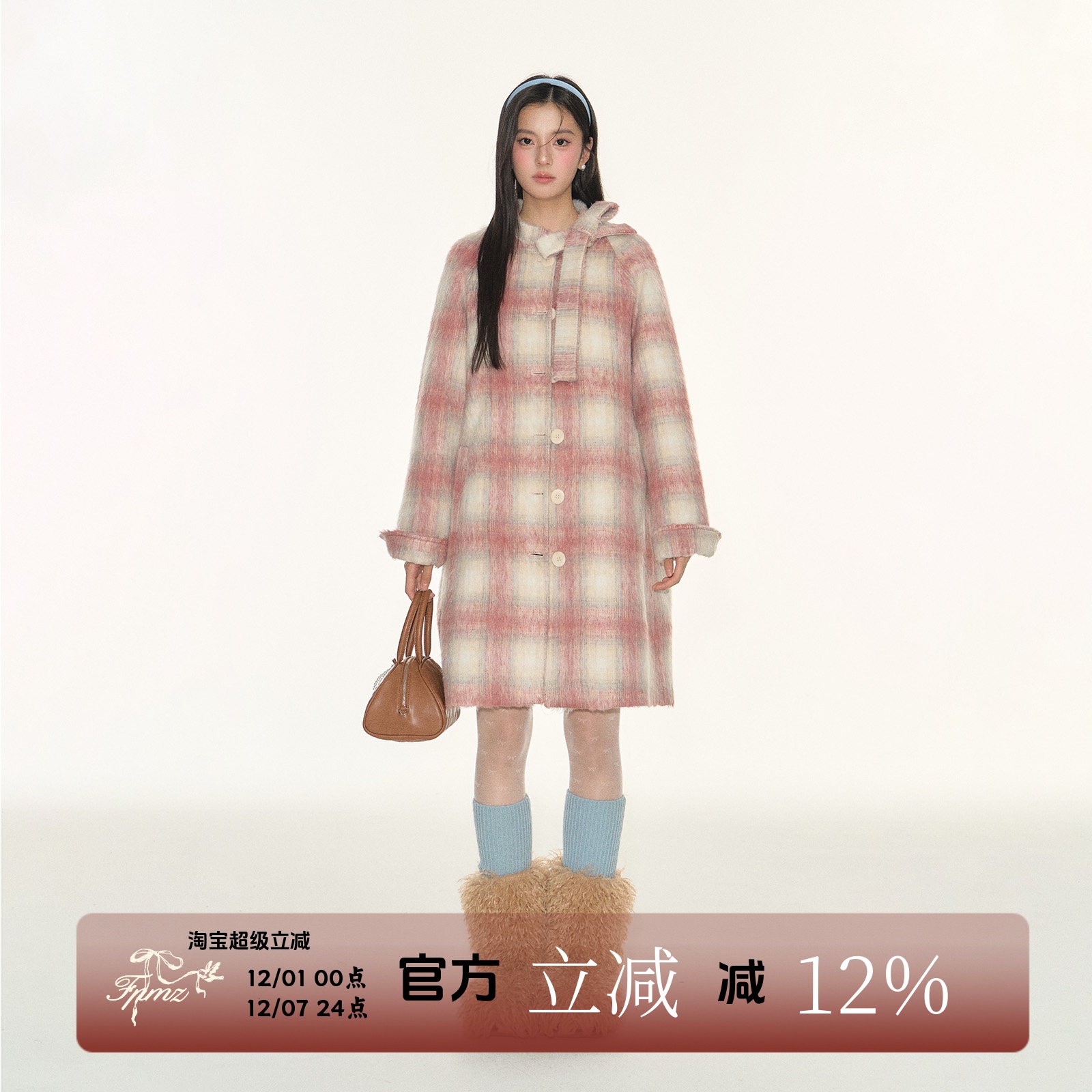 FPMZ蝴蝶结领粉色格子毛呢子中长款外套复古甜美插肩袖廓形大衣